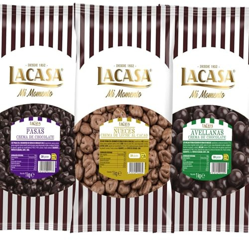 Lacasa Pack 3kg de bolas: Pasas de Corinto con chocolate Negro,Avellana con chocolate Negro,Nuez con chocolate con Leche