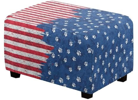 Xoenoiee Ottomanen-Bezug mit amerikanischer Flagge und Pfotenmuster, rechteckig, Fußstütze, Ottomane, Schonbezüge für Fußhocker, Form, Stretch, Ottomane, Schutzhülle für Wohnzimmer, klein
