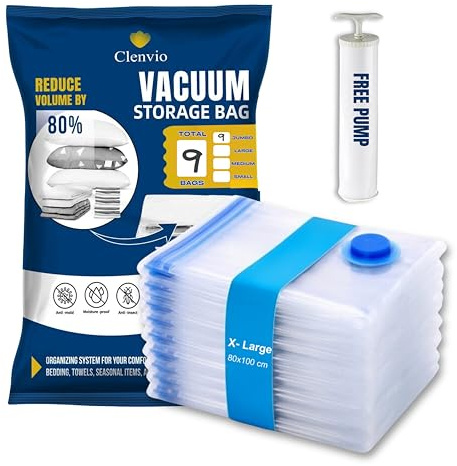 Clenvio Vacuum Compression Storage Bags with Free Hand Pump, 9 Pack Extra Large, Transparent, Airtight Seal, Space Saver Bags for Duvets, Pillows and Bedding, 7 Layer Premium