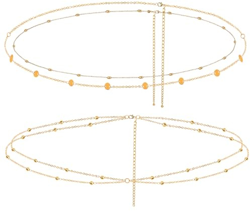 2pcs Gold Waist Chains for Women 14K Gold Plated Belly Chain Adjustable Layered Waist Beads Chain Sexy Body Chain Jewelry for Women Girls