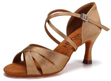 HROYL Latin dansskor dam salsa och bachata dansskor, L3047, Beige klack 7 cm, 38.5 EU