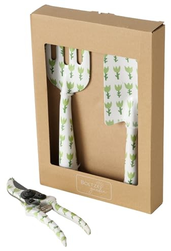 BOLTZE Herramienta de jardín Blomma (3 Piezas, Color Verde, de Metal, 28 x 8 x 3 cm, diseño Floral, Pala, Tenedor, Tijeras de podar, Herramientas de jardín, Accesorios de jardín) 2055383