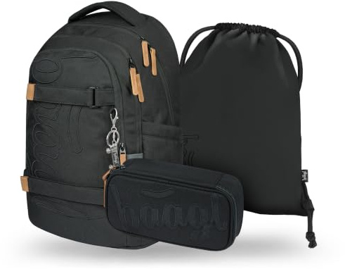 Baagl Skolryggsäck set pojkar flickor tonåringar 3 delar, skateboard ryggsäck skridskoåkning MAX, skolväska från 3 Klasse, grundskola skolväska med bröstbälte, ergonomisk skolväska, 30 l, Mörk