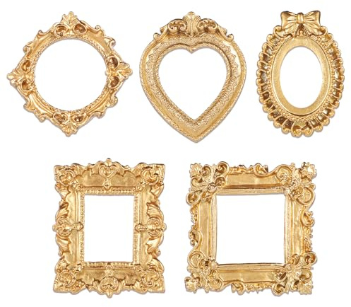 Heclia Cornice per foto vintage in resina, 5 pezzi, mini cornici dorate, piccoli ornamenti antichi, espositore per gioielli, ovale, rettangolare, gotico, supporto per fotografie, per foto fai da te