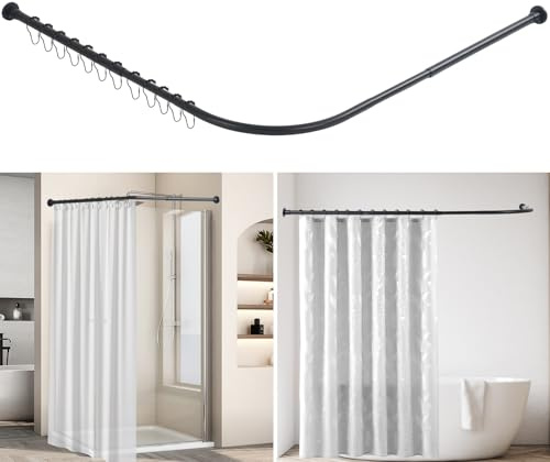 L-Form Duschvorhangstange Verstellbar 68–98 x 68–98 cm, Edelstahl Duschstange Ecke Rostfrei Bohrmontage für Badewanne & Dusche (Schwarz, 68–98 x 68–98 cm)