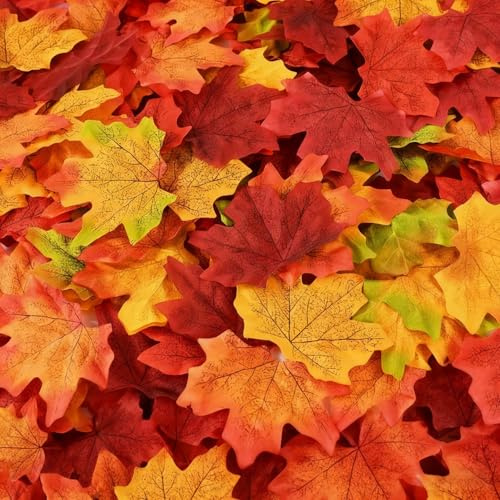 200 Pcs Artificial Autumn Leaves Decorations 4 Colours Artificial Maple Leaves Fake Maple Leaf Autumn Decorations Fall Decor Table Scatters for Wedding Crafts Thanksgiving Autum Theme Party