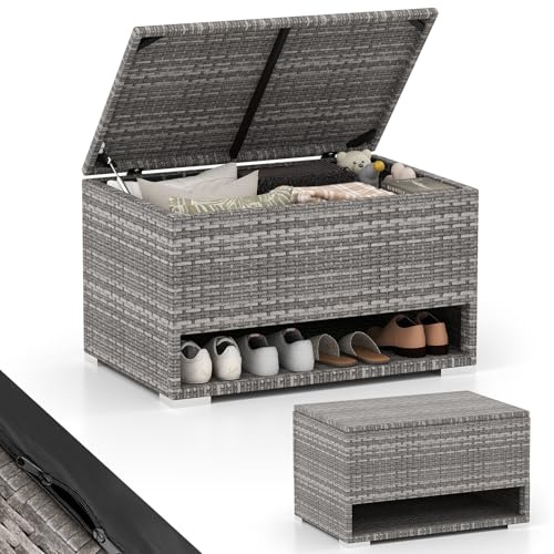 GOPLUS Coffre de Jardin Exterieur 186 L, Banc Armoire en Rotin Inité avec Étagère à Chaussures, Revêtement de protection, Outils de Jardinage, 95 x 60 x 58 CM (Gris)