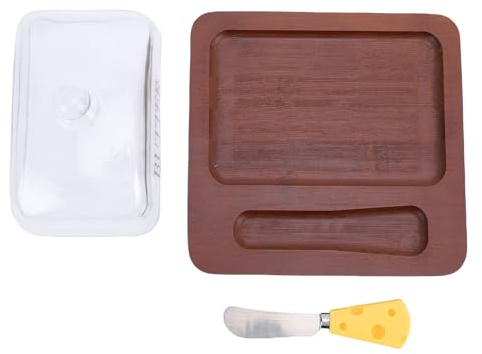 Oreilet Wood Butter Dish, Butter Keeper Container Large Butter Cheese Cake Dish with Glass Lid and Knife, Dessert Serving Tray for Countertop and Refrigerator Storage (Dark Brown)
