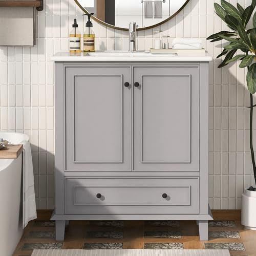Tvättbord med handfat grå 51 cm badrumsmöbler set stående för gäster, WC & litet badrum, badrumsskåp, keramik, hellackerad, softclose låda och dörrhylla, modern