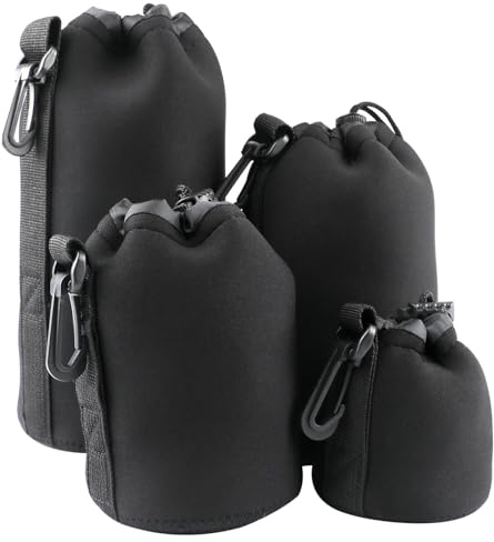 4 st kameralinsväska set, skyddande neopren linspåsar med dragsko, vattentålig mjuk plysch linsfodral för DSLR-kameralins, tjock linsväska 4 storlekar för Canon Nikon Sony Pentax Olympus (svart)