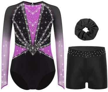 Yruioon 3Pcs Mädchen Turnanzug Glitzer Gymnastikanzug mit kurze Hose Haarband Langarm Gymnastik Leotard Wettbewerb Tanzkostüm