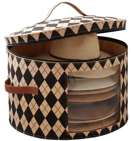 YUNYOUC Hat Box with Lid, 43x43x26cm Large Round Felt Hat Storage Box with Clear Window and Handles, Foldable Travel Organiser for Cowboy Hats Sun Hats Fascinators, Wardrobe Storage (Khaki Argyle)
