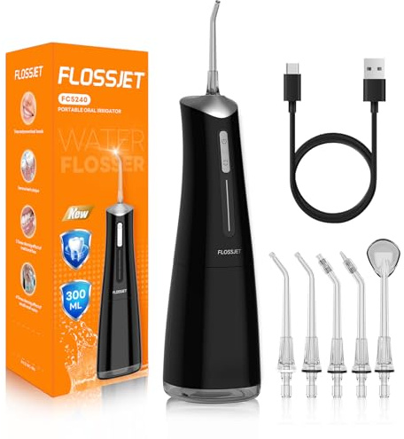 FlossJet Water Dental Flosser for Teeth Cordless with 300ML 4 Cleaning Modes 5 Jet Tips Portable Oral Irrigator USB-Powered Electric Flosser IPX7 Waterproof Irrigator Dental for Home and Travel Black