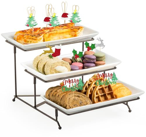 LAUCHUH Serviertablett mit 3 Etagen, Porzellan, Etagen-Servierständer, zusammenklappbar, stabiles Gestell mit 3 Servierplatten und 2 Querstangen, für Ostern, Obst, Dessert, Party, Display-Set, 30,5