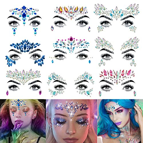 Amaza 9Pcs Gesicht Edelsteine,Glitzer Gesicht, Schmucksteine Selbstklebend Gesicht, Glitzersteine Gesicht Glitzersteine Selbstklebend for Festival Makeup