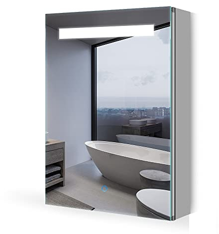 Quavikey® Bathroom Mirror Cabinet with Shaver Socket, 40x60cm LED Aluminum Bathroom Wall Cabinet with Mirror for Small Bathrooms/Rental Apartments, 3 Colors Dimmable, Overhead lighting, Anti Fog