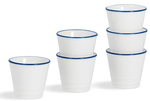 Nicola Spring Farmhouse Egg Cups - Set of 6 White Porcelain Rustic Country Cottage Soft & Hard Boiled Egg Holders with Rolled Rims & Mug-Style Design