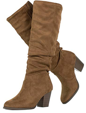 RF ROOM OF FASHION Women's Stacked Heel Slouchy Knee High Boots (Regular Fit) (COFFEE, Size 8.5)