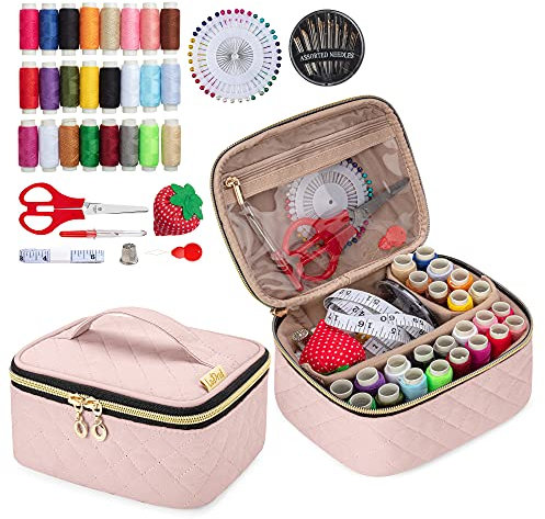 LoDrid Nähset mit Nähzubehör für die Reise nach Hause, Nähreparaturset, Werkzeuge für Erwachsene, 24 Farbige Fäden, 30 Nadeln, Nähzubehör, Dusty Rose (Patentiertes Design)