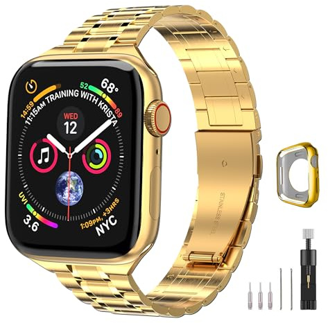 chuangshiji Armband Kompatibel mit Apple Watch 38 mm 40mm 41 mm Einstellbar Metall Ersatz für iWatch 9 8 7 6 5 4 3 2 1 SE Series, Edelstahl Armband für Apple Watch Band Apfelband Damen Herren, Gold