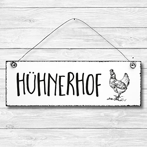 Hühnerhof - Schild Dekoschild Türschild Wandschild Holz 10x30cm - Holzschild Holzdruck Holzbild Tür Deko Schild