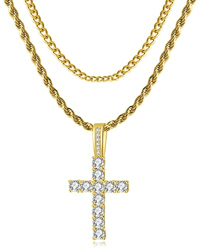 GEMOSA Cross Chain for Men 14K Gold Silver Plated Solid Iced Out 5A+ Cubic Zirconia Stainless Steel Cuban Link rope Layered Chains 16-24 Inch Large Cross Diamond Pendant Nceklace Jewelry Gifts