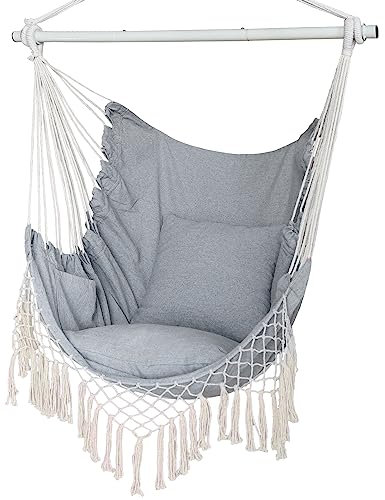 Hanging Chair, Hanging Rope Swing Seat with 2 Cushions,Macrame Hanging Chair Side Pocket With High Load-Bearing Metal Rod,for Indoor, Outdoor, Extra Comfortable Grey