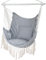 Hanging Chair, Hanging Rope Swing Seat with 2 Cushions,Macrame Hanging Chair Side Pocket With High Load-Bearing Metal Rod,for Indoor, Outdoor, Extra Comfortable Grey