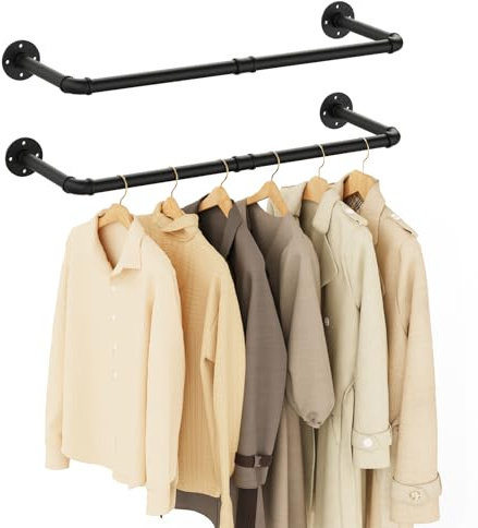 Yawinhe Perchero de Pared Industrial, 80cm, Barras de Suspensión para Ropa, Ahorro de Espacio, Desmontable, para Dormitorio, Sala de Estar, Negro, 2-Pack