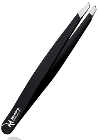 Slanted Tweezers for Eyebrows, Facial & Ingrown Hair, Professional Stainless Steel Slant Tip Precision Hair Removal Tool for Men & Women, Black Colour by Mahfooz Instruments
