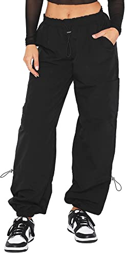 DISCIPBUSH Cargo Pants Women Baggy - Parachute Pants for Women, Rave Y2K Festival Outfits Hiking Camping Essentials Black L