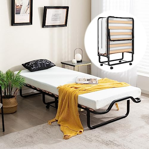 COSTWAY Klappbett für Einzelbett für Erwachsene, 78 x 199 cm, mit orthopädischer Matratze aus Memory-Schaumstoff 10 cm, Belastung 220 kg, klappbares Gästebett, 4 Rollen und Lattenrost mit 15
