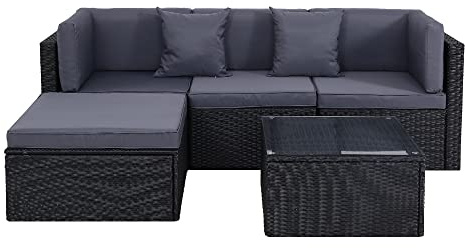 Panana Modular Rattan Garden Sofa Set, 4 Seater Freely Configurable Outdoor Sectional Furniture with Coffee Table, Cushions, Free Cover for Patio Conservatory (Black Rattan with Grey Cushions)