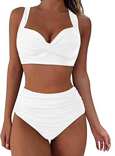 Women's Bikinis Set High Waisted Solid/Printed Ladies Bikini Set Push Up Vintage Beachwear Tummy Control Swimwear Bikini Bottoms Bandeau Bikini Top Plus Size Tankini