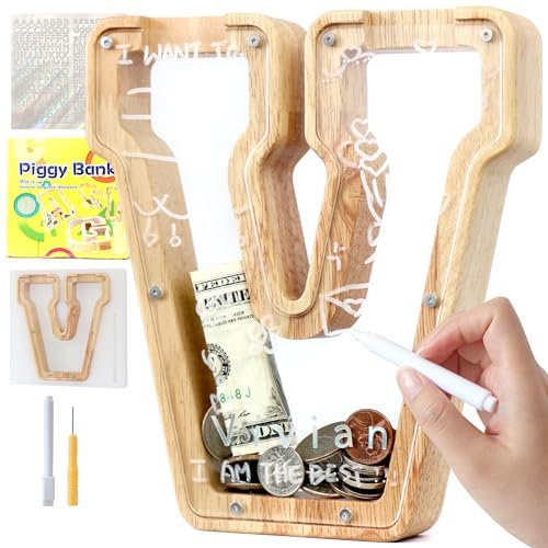 Lakpopya Hucha de Madera para Infantil Hucha Cerdito Personalizada de A-Z Hucha Billetes Transparente para Regalo Decoración Bautizo (V)