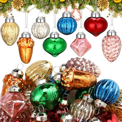 Capoda 32 Stück Vintage Weihnachtsschmuck 3,1 cm - Antik Glas Mini Weihnachtskugeln - Retro Weihnachtsbaum Ornamente für Weihnachten (Klassische Form)