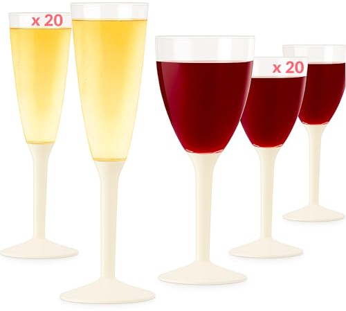 Table'Colors Flutes Champagne (20) + Verres Reutilisable (20) - Gobelet, Verre a Pied Coloré - Design Idéal pour Anniversaire, Mariage, Noël - 100% Recyclable et Réutilisable (Ivoire)