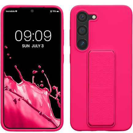 kwmobile Handyhülle kompatibel mit Samsung Galaxy S23 - Hülle mit Fingerhalter und Standfunktion - Silikon Case Handy Cover in Neon Pink