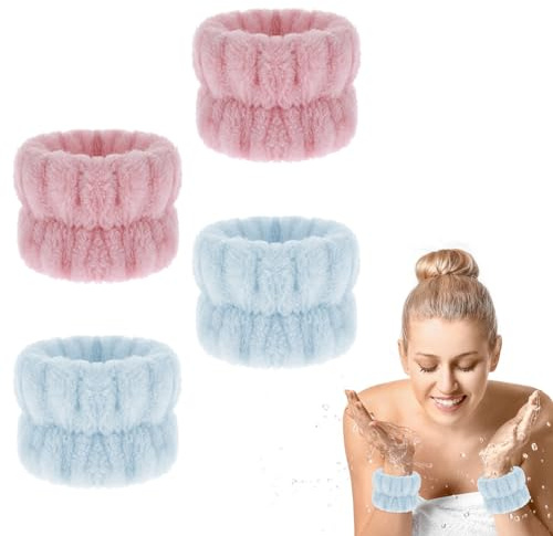 4Pcs Face Wash Wristbands, Wrist Spa Washband Microfiber Wrist Towel Band for Washing Face Elastic Absorbent Wristbands for Women Girls, Prevent Liquid from Spilling Down Your Arms (Pink&Blue)