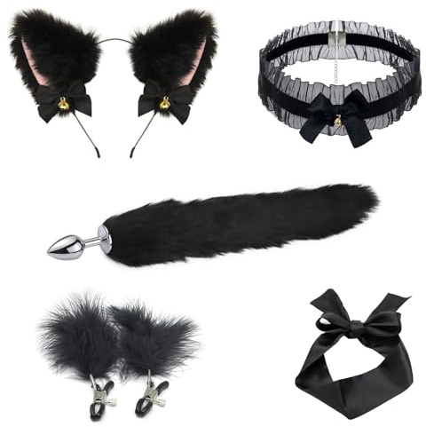 AMZII Analplug Fuchsschwanz Diloschwanz Nippelklemmen Brustwarzen(Schwarz) | Anal Plug Paaren Cosplay 5er Set,Buttplug & SM Augenmaske & Halsband Frauen Sex & Katze Ohren,BDSMs Fesseln Sex Set
