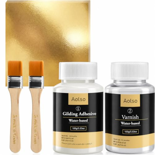 Aolso Juego de Adhesivos para Hojas de Oro,100pcs Hoja de Oro,Incluye 100 ml de Pegamento y 100 ml de Barniz Protector a Base de Agua, 2 Pinceles, para Manualidades, Pintura y Uso Profesional