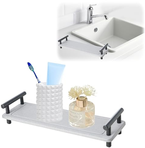 Qivine Quick Drying Stone Tray Fast Dry Sink Organiser with Stainless Steel Feet, Bathroom Sink Caddy Diatomite Drying Stand Soap Holder Dispenser Counter Rack for Bottles Toothbrush Cup