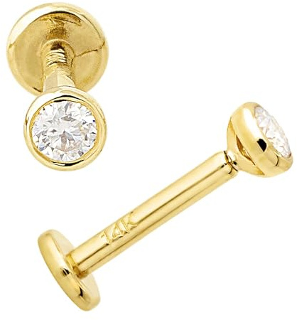 Jewelry Avalanche 16G 14K Yellow Gold Bezel Set 2.5mm Moissanite Labret Monroe Stud 8mm Post Flat Disk Bottom Lip Ring Tragus Stud Internally Threaded 14KLBRT-BZ25MNT8YG