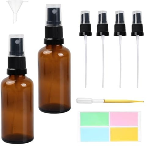 Botella pulverizadora de cristal marrón de 50 ml, botella de spray con atomizador, botella de spray recargable de viaje de niebla fina, botella pulverizadora de perfume con embudo y etiqueta adhesiva