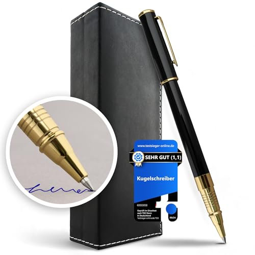 Komfort Kugelschreiber hochwertig aus Metall, Tintenroller edel, Schreibset Edelstahl, Rollerball Roller Pen, Metallkugelschreiber ideal als Geschenk inkl. 2 Ersatzminen (Gold)