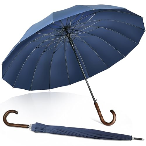ZOMAKE Paraguas Grande 16 Varillas,55 Pulgadas XXL Paraguas de Golf Resistente Antiviento,120 cm Parasol Largo Clásico con Bastones Apertura Automática para Hombre Mujer con Mango Ondulado(Azul F)