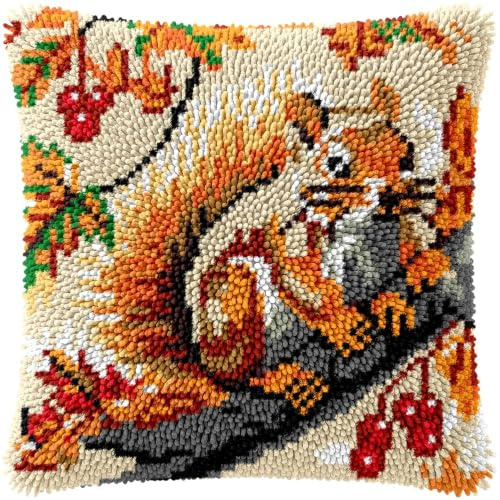kitphoenix Knüpfen Set Erwachsene Kissen Tier Eichhörnchen Knüpfkissen Set für Anfänger Erwachsene oder Kinder zum Selber Knüpfen, DIY Knüpfteppich Knüpfpackung, Knüpfhaken Set 43 x 43 cm