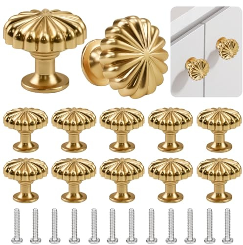 YBCCBY 12 Pack Gold Cabinet Knobs, Pumpkin-Shaped Brass Handle, 28mm | Solid Cabinet Door Knob, Single Hole Cupboard Door Handles, Mushroom Drawer Knob with Screws for Drawer Cupboard Wardrobe