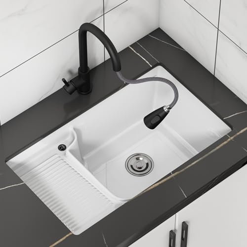 Lavello da incasso rettangolare bianco，Con lavatoio vasca da bagno o lavelli da cucina，Lavatoio ceramica rectangulaire blanc，Dotato di rubinetto estraibile e asse da lavare, adatto per cucina, piano d