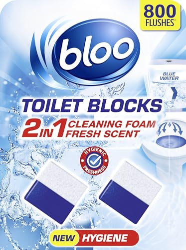 Bloo Hygiene 3in1 Cleaning Foam Toilet Blocks, Pack of 2, Toilet Limescale Remover Cistern Block, Toilet Cleaner Block with Cleaning and Foaming Action, Blue Water, Fresh Scent